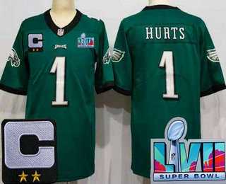Men's Philadelphia Eagles #1 Jalen Hurts Limited Green C Patch Super Bowl LVII Vapor Jersey,We sell and wholesale Men's Philadelphia Eagles #1 Jalen Hurts Limited Green C Patch Super Bowl LVII Vapor Jersey on line form chian!